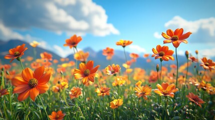 Obraz premium Sunny Orange Flowers Field, Mountain Background, Spring