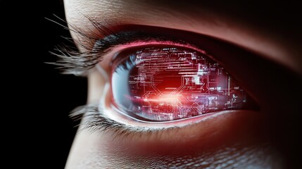 A cybernetic human eye with a glowing digital HUD overlay, symbolizing enhanced virtual intelligence