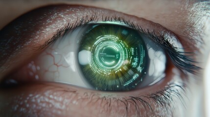 A cybernetic human eye with a glowing digital HUD overlay, symbolizing enhanced virtual intelligence
