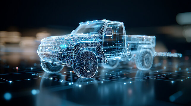 Futuristic wireframe truck design showcase digital 3d environment high-tech visualization glowing grid background
