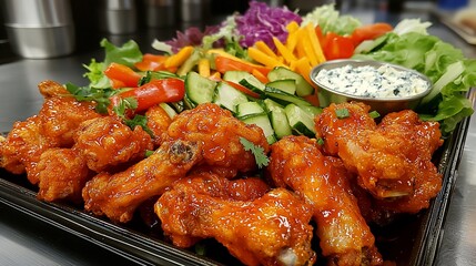 Fototapeta premium Spicy chicken wings platter with fresh vegetable salad and dip.