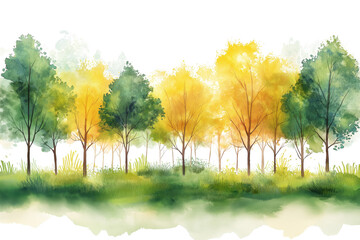 A painting of a forest with trees of different sizes and colors