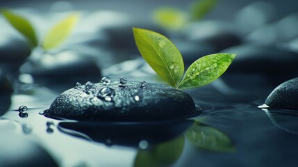 Zen stones with fresh green leaves and water droplets. Concept of balance, relaxation, and harmony. 