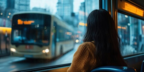 Woman sitting by the window of a bus, watching the city pass by