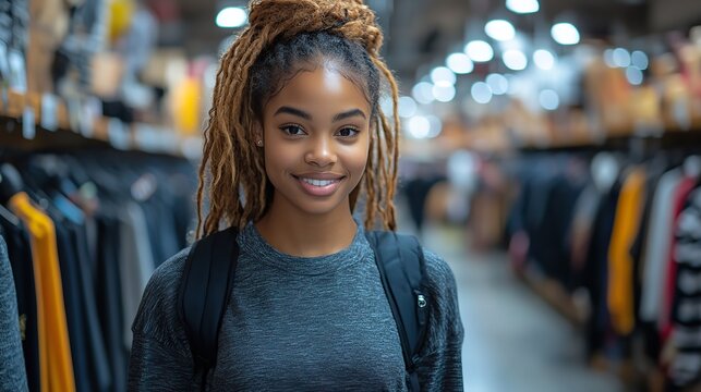 young black woman shopping in a modern retail store browsing clothing racks and accessories