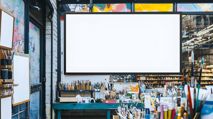 Close-up of a blank billboard on the facade of a modern art supply store, with creative tools displayed.