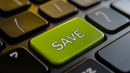 Green Save Key on Computer Keyboard Close-up Technology Concept Capture