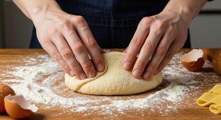 A person is kneading fresh dough on a wooden surface with flour and eggshells around