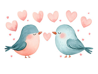 Obraz premium Elegant watercolor illustration of bird couple surrounded by hearts, symbolizing love and affection. Perfect for romantic themes and decorations