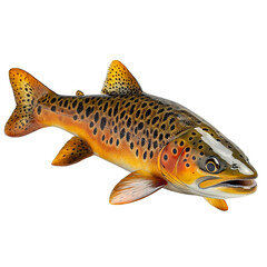 Angled view full-body shot of an extremely perfect-looking single Tiger Trout isolated on a white transparent background
