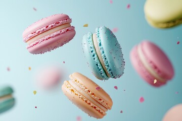 Floating macarons in pastel colors, with a minimalistic background