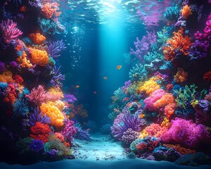 Naklejka premium Mesmerizing Underwater Coral Reef Sanctuary Radiating Ethereal Glow