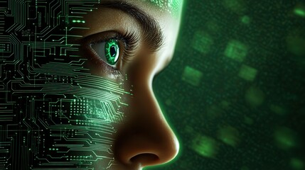 A futuristic and dynamic International AI Day poster, featuring a human face merging with a digital AI circuit board