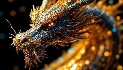 Spectacular Golden Dragon Close-up with Detailed Scales and Striking Eye