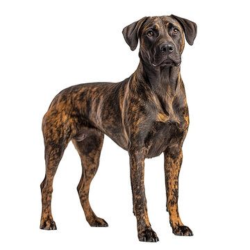 Angled view full-body shot of an extremely perfect-looking single Treeing Tennessee Brindle isolated on a white transparent background