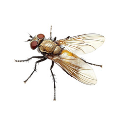 Angled view full-body shot of an extremely perfect-looking single Tsetse Fly isolated on a white transparent background