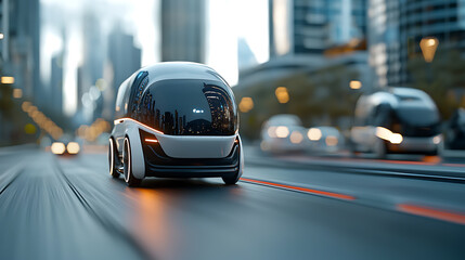 Obraz premium Electric cargo pods in motion on a sustainable city street futuristic urban environment high-tech transport concept for eco-friendly mobility