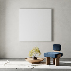 living room interior mock up with modern furnitures. Poster frame mock up in modern interior design. 3D illustration