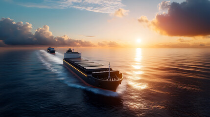 Fototapeta premium Electric cargo ships navigating at sunset eco-friendly port design maritime environment innovative shipping solutions