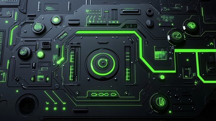 Fototapeta premium An electric circuit diagram glowing on a futuristic black and green interface