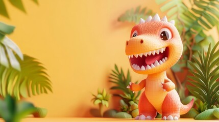 Naklejka premium Cute Cartoon Dinosaur Character in Colorful Jungle Setting