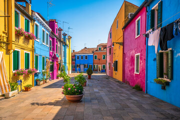 Burano Island street, colorful houses in the Venetian Lagoon. Venice, Italy