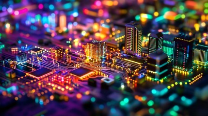 Obraz premium A futuristic cityscape built on the patterns of a circuit board illuminated in neon colors