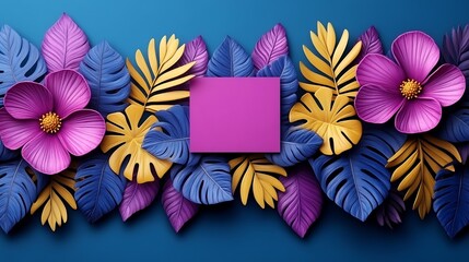 Vibrant paper flowers elegantly arranged around a purple square a bold tropical aesthetic. AI Generated