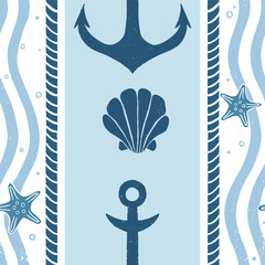 Vector Nautical Anchor, Seashell, Starfish Wavy Blue Ocean Marine Seamless Pattern