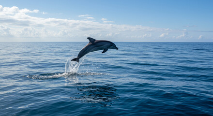 Obraz premium Striped dolphin leaping from ocean waves under a blue sky