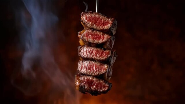 perfect picanha steak, cut into four steaks and stacked on top of each other like a tower, hanging from a single fork