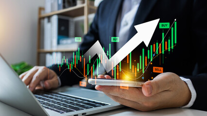 Business analyze buy or sell economic growth charts for business finance decisions and financial...