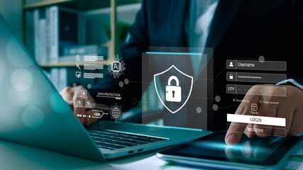 Businessman using laptop login username and password. Cyber security protect business transaction from online digital cyber attack, privacy smart security software protection digital financial Data.