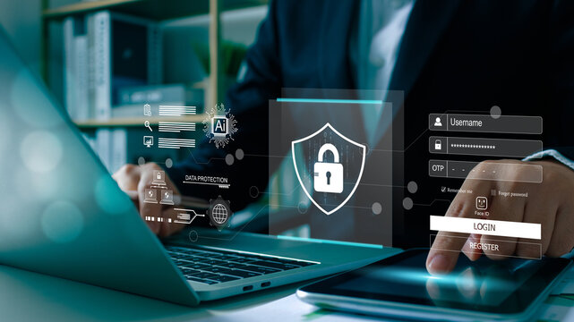 Businessman using laptop login username and password. Cyber security protect business transaction from online digital cyber attack, privacy smart security software protection digital financial Data.
