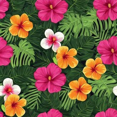 Seamless Vibrant Tropical Floral Pattern with Pink, Orange, and White Hibiscus Blooms and Green Leaves