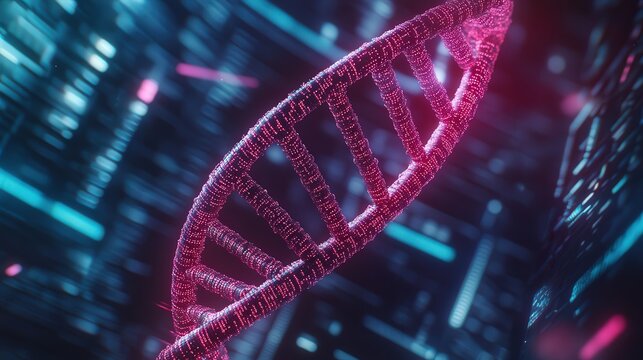 A holographic DNA helix rotating in cyberspace, surrounded by data streams and futuristic interfaces