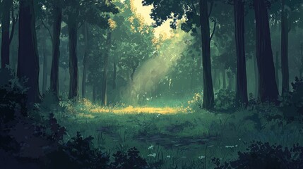 Obraz premium Sunlit Forest Path: A Serene Digital Painting