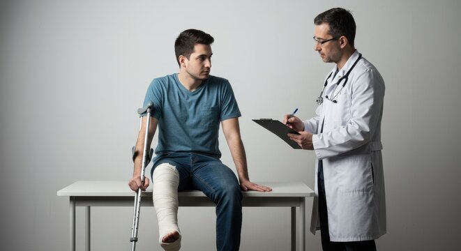 A young man with a leg cast meets a doctor for a consultation about recovery and rehabilitation