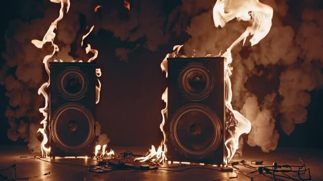 A dramatic video scene with two large speakers engulfed in flames, shot from a low angle, emphasizing chaos and intensity in a dark setting.