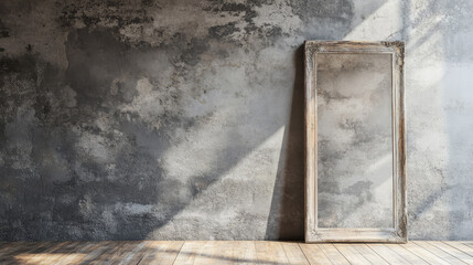 An antique vertical oak mirror frame with a weathered appearance, placed on an aged wooden floor against a distressed concrete wall, reminiscent of the late 1800s to early 1900s