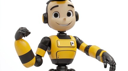 A 3D animated character of a robot with a friendly face, offering a handshake to the viewer on a white background.