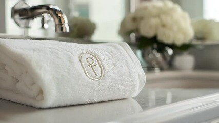 A neatly rolled white towel with an embroidered logo placed on a pristine bathroom countertop. The soft lighting, elegant faucet, and blurred floral decor create a serene and luxurious spa-like 