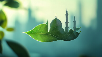 Leaf Shaped Mosque Silhouette Against Green Blurred Background