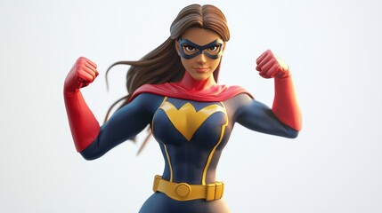 A 3D animated character of a superhero woman in action pose, fists raised, against a plain white background.