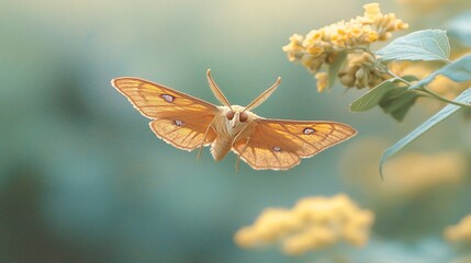 Orange moth in flight near yellow flowers.