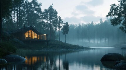 Fototapeta premium Serene Lakeside Cabin in Misty Forest