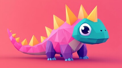 Fototapeta premium Colorful Cute Dinosaur Character in Low Poly Style on Pastel Background