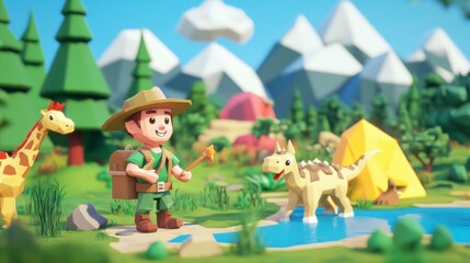 Fototapeta premium Cartoon Explorer in Nature with Dinosaur and Giraffe in Forest