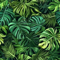 Seamless Lush Tropical Foliage: Vibrant Leaves Creating Serene Jungle Atmosphere with Green Hues
