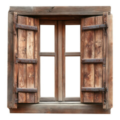 Rustic Wooden Window with Shuttered Openings on a White Background for Architectural Photography and Design